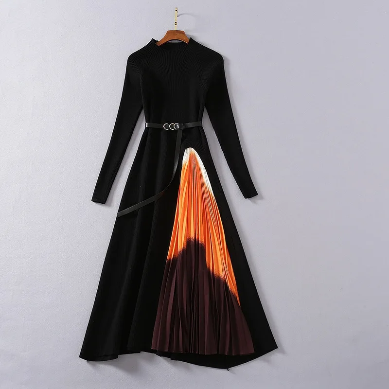 

2021 Spring Free Shipping Dress Kint Black Long Sleeve Crew NECK Empire Fashion Womens Clothes SH