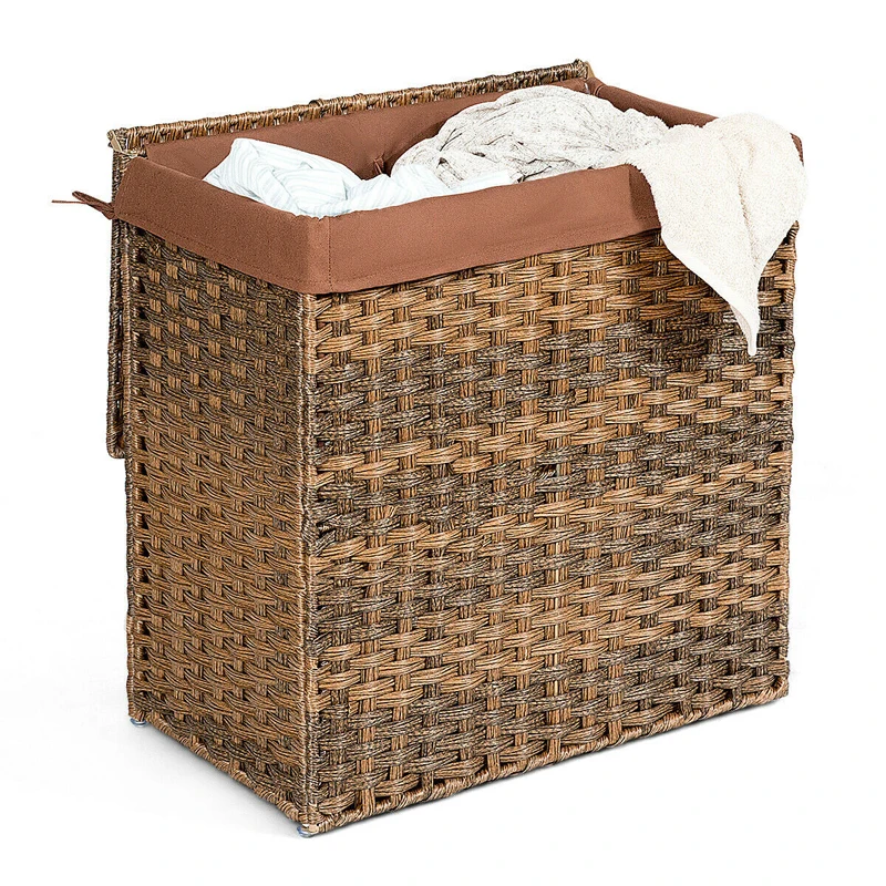 

Modern Hand Woven Foldable PE Rattan Laundry Basket Stable Steel Frame Space Saving Ergonomic Handle Laundry Basket