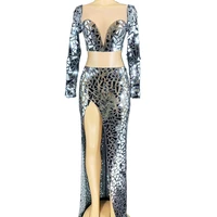 sparkly mirror sequins dress top long split skirt women two piece set dj singer dance stage wear nightclub costume