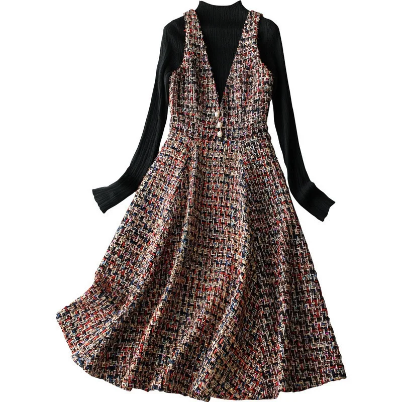 

Women autumn winter tweed dress suit sleeveless a-line plaid vest dresses + black knitted pullovers elegant two piece set 2019