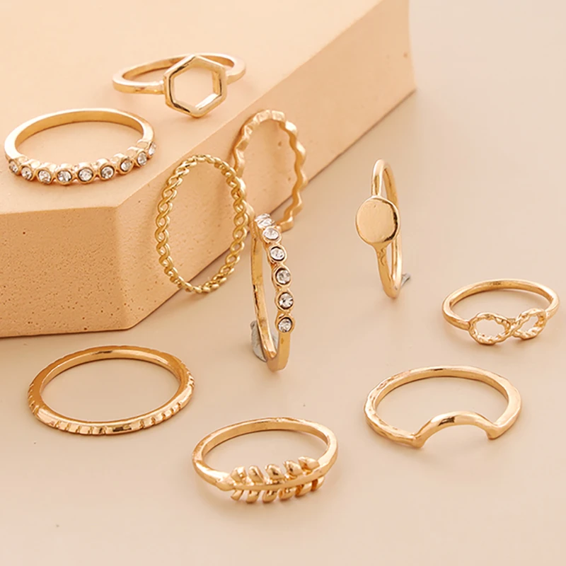 

Aprilwell 10 PCs Gold Color Luxury Shining Rings Sets For Women 2021 Aesthetic Lady Trendy Clothing Jewelry Gift For Friend Girl