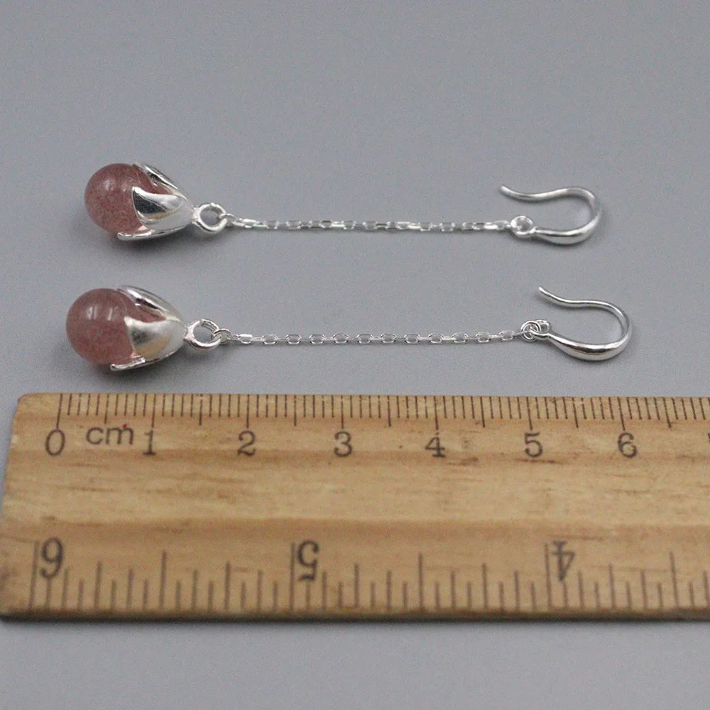 Серьги-подвески из настоящего серебра с бусинами розового кварца длиной 62 мм -