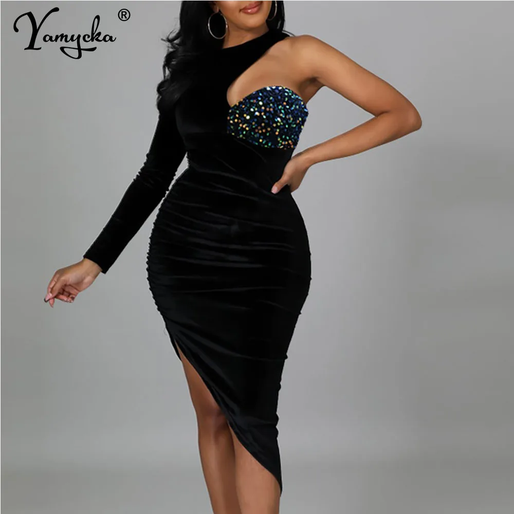 

Сексуальное черное платье макси с блестками, летнее женское платье с блестками для клубной вечеринки, облегающее бархатное платье на одно п...