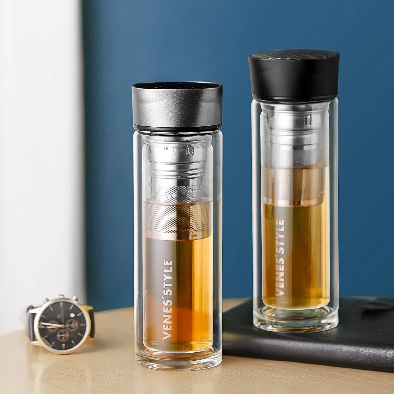 Двойная стеклянная бутылка для воды с чайной перегородкой из нержавеющей стали