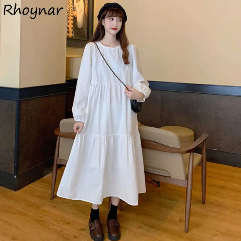 

Long Sleeve Dresses Women White Solid Sweet M-4XL All-match Loose Fashion Spring Ladies Streetwear Japanese Style Vestidos Mujer