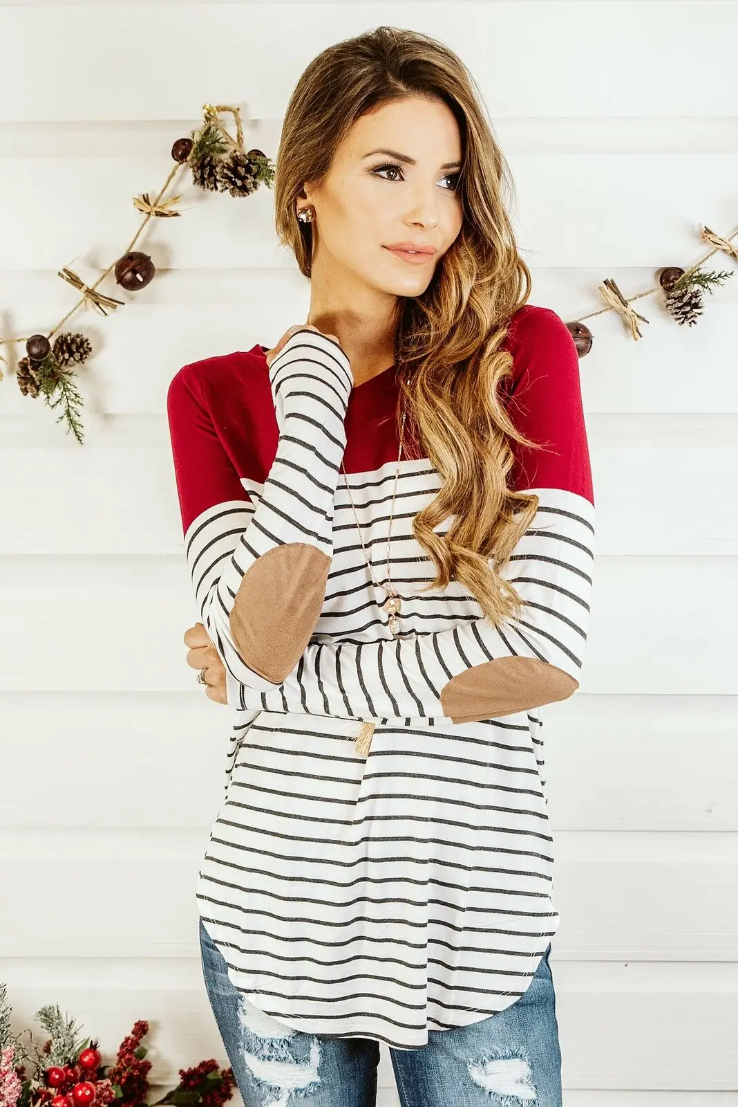 Женская футболка с длинными рукавами Повседневная в полоску круглым вырезом для