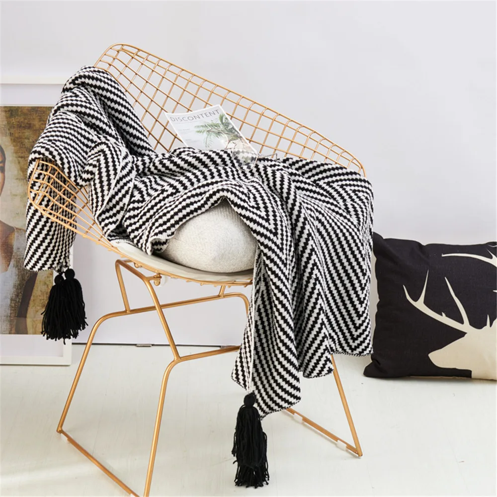 

Nordic Minimalist Style Sofa Blanket Tassel Twill Knitted Blankets Office Nap Blanket Black Zebra Stripes Winter Thick Blankets