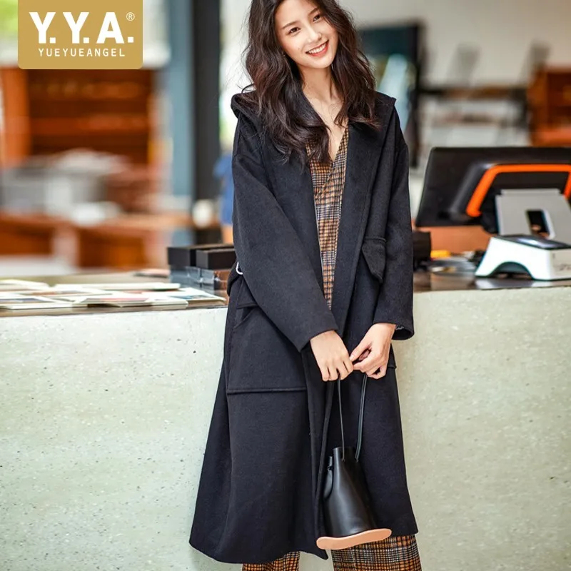 

Winter New Woman Long Solid Hooded Belt Overcoat OL Style Elegant Runway Trench Coat Female Black Office Outerwear S-L