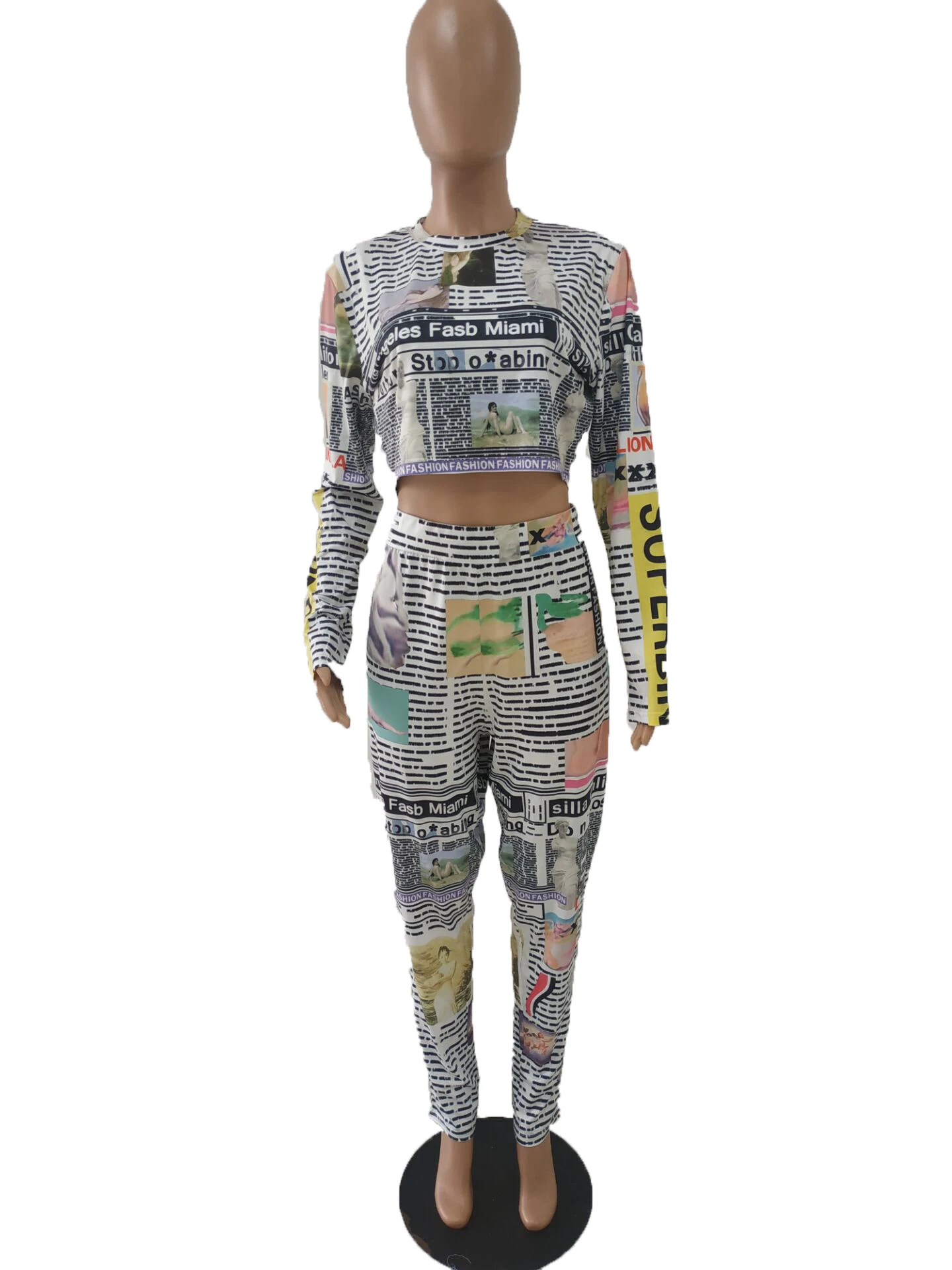 Женский костюм с длинным рукавом короткий топ и штаны принтом повседневный