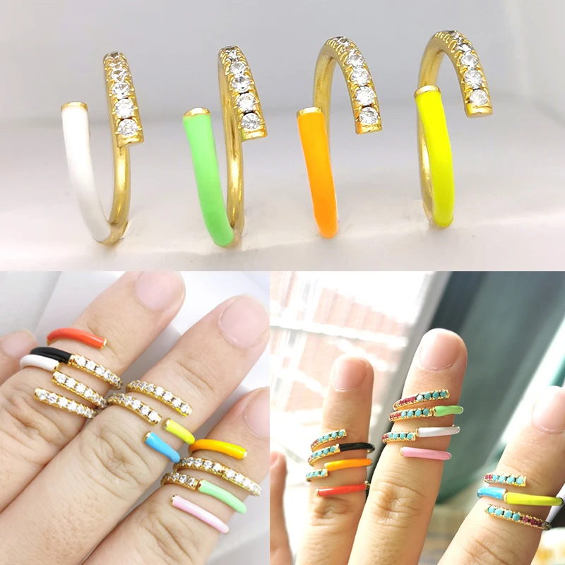 Эмалевое женское кольцо золотого цвета неоновый зеленый желтый флуоресцентный CZ