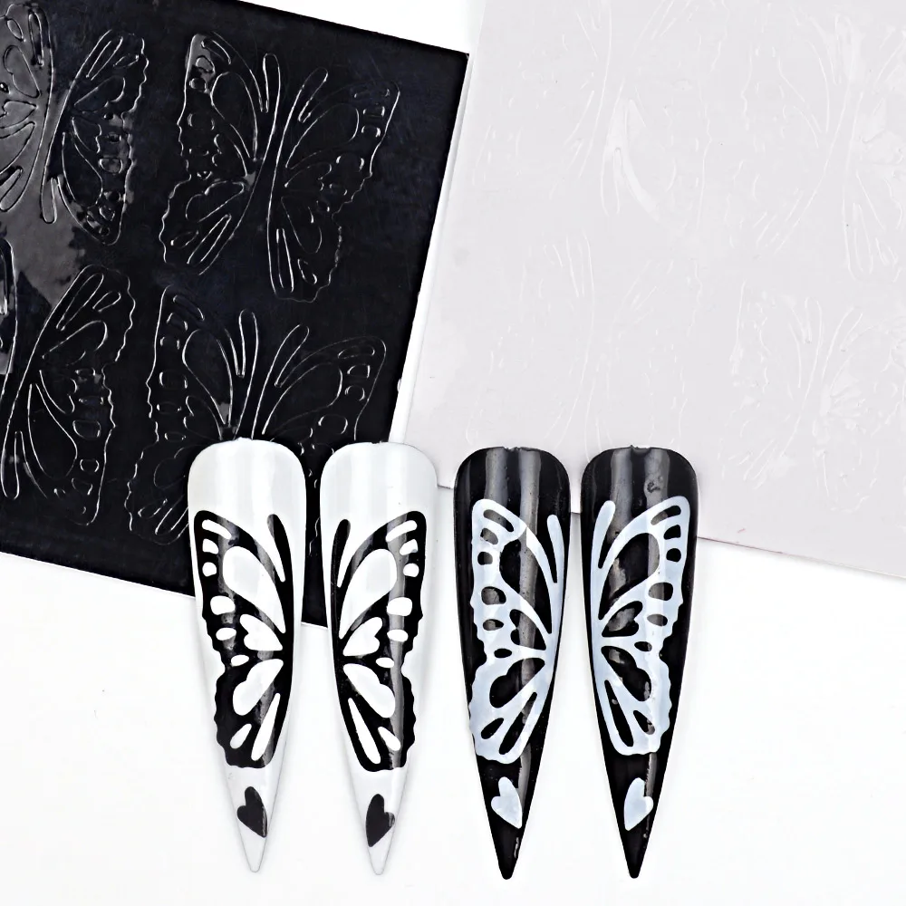 Черно белые 3D наклейки для ногтей блестящая голографическая лазерная бабочка