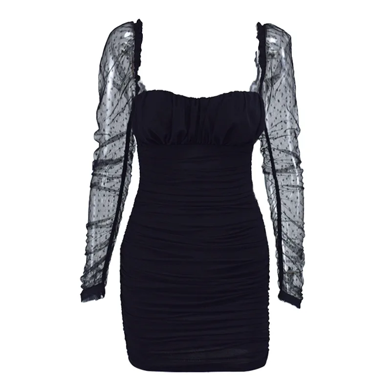 

Fannic Spring and Autumn 2021 Women's Puff Sleeve Mesh Dress Ladies Square Collar High Waist Solid Pleated Vestidos Femme Robe