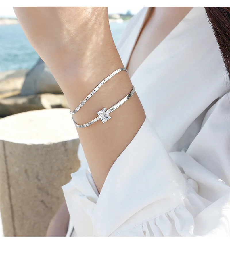 

925 Sterling Silver Simple Temperament All-match Square Diamond Double-layer Bracelet Female Silver Jewelry Gift Spot
