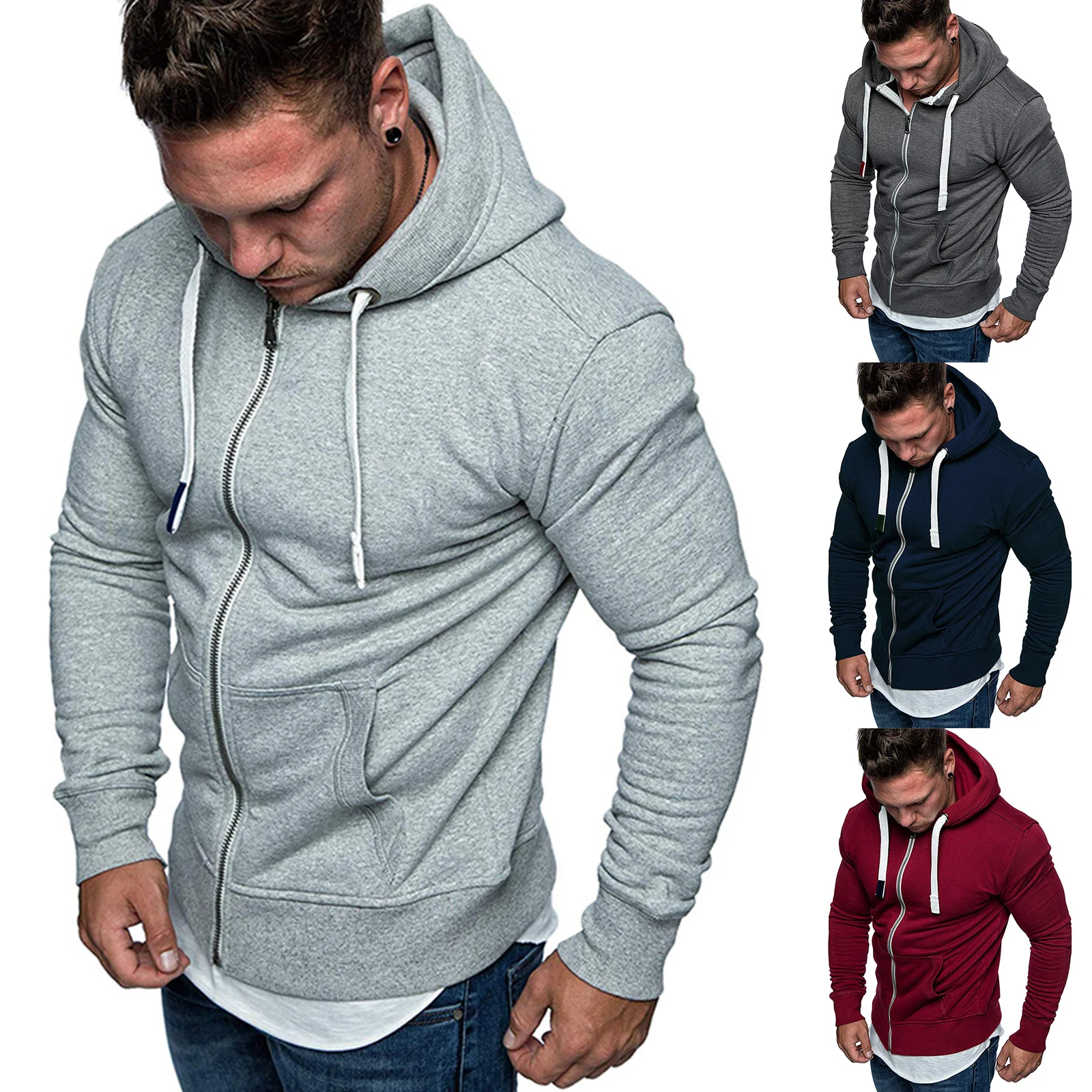 

Mens Hooded Coat Autumn Winter Men's Casual Solid Color Sweashirts Zipper Up Pockets Sport Clothing 3XL Man Hoodies