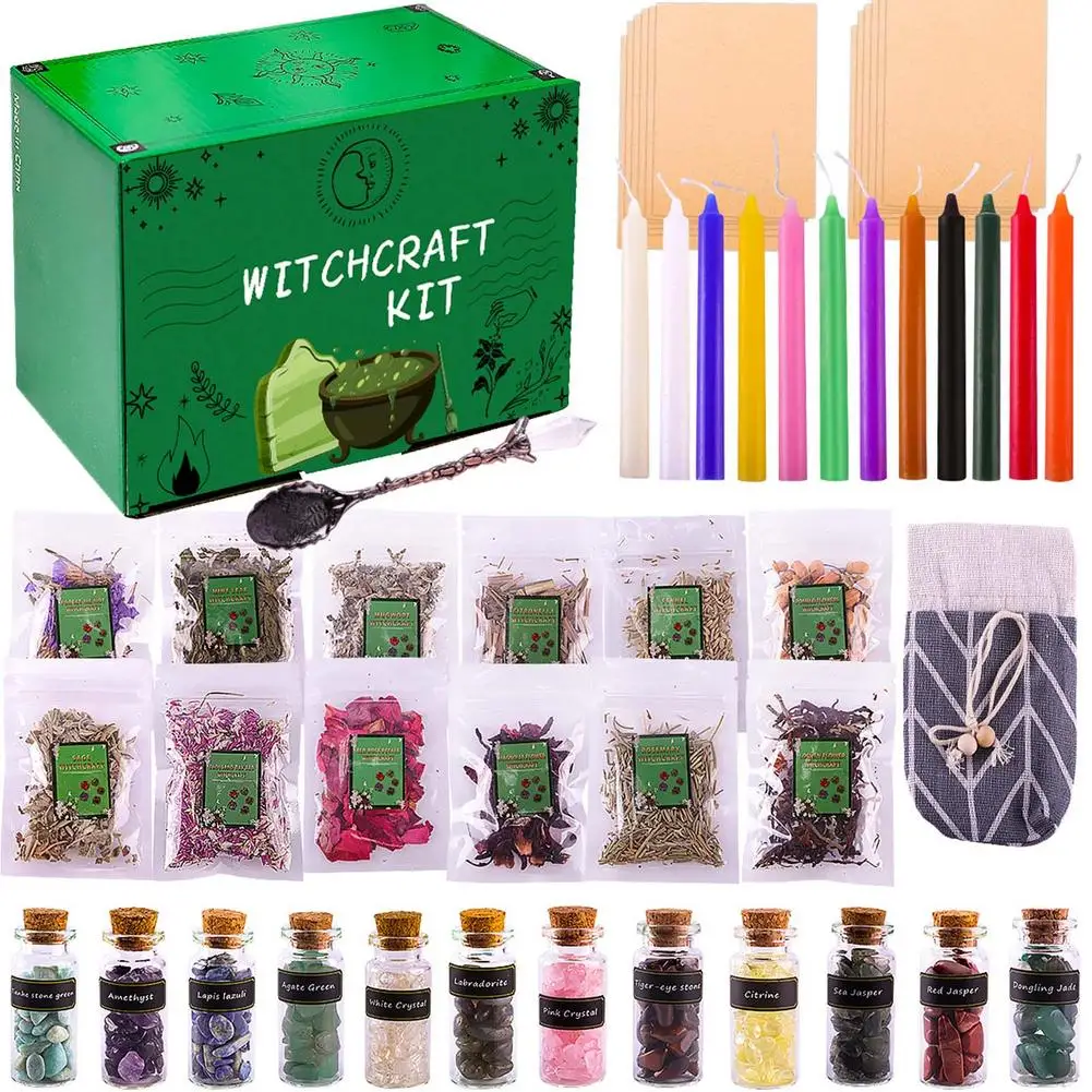 

Witchcraft Starter Kit Witchcraft Supplies Box For Beginners 12 Colors Candles 12 Herbs 12 Healing Crystals For Witches Medita