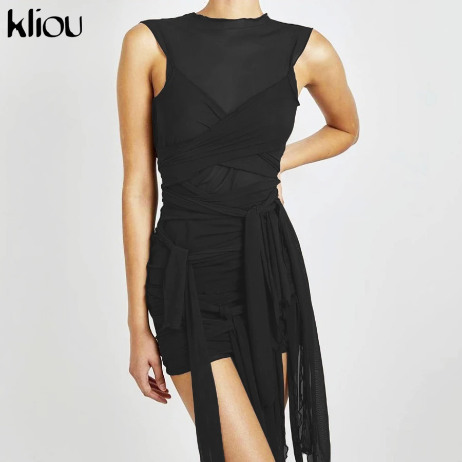 Kliou Ribbons Mesh See Through Bodycon Party Dresses Women Sexy Clubwear Mini Dress Solid Sleeveless Basic Female платье Outfits