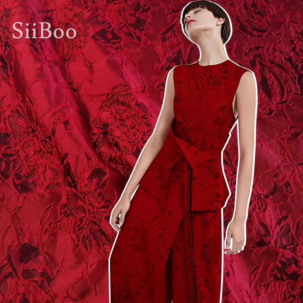 Красный черный 3D Цветочный Жаккард парча ткань для платья пальто костюмы