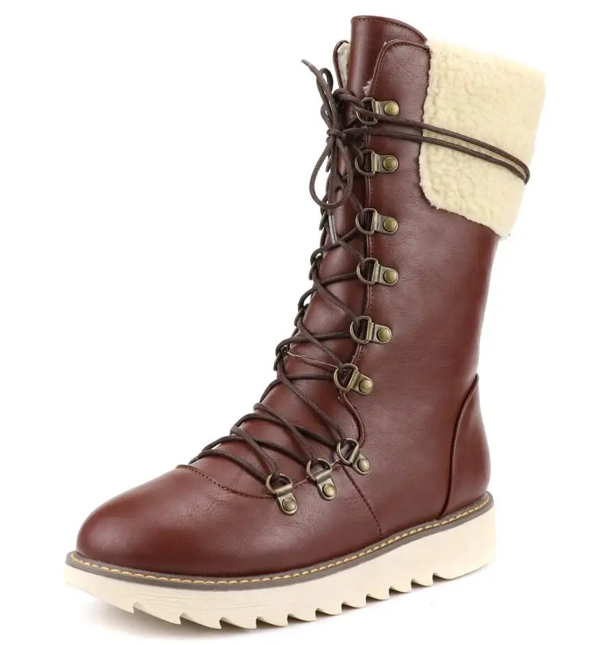 New Warm Winter Boots Women Fashion Lace-Up PU Leather Women Boots Non-slip Comfort Plush Warm Waterproof Snow Boots g678 - Color: Brown