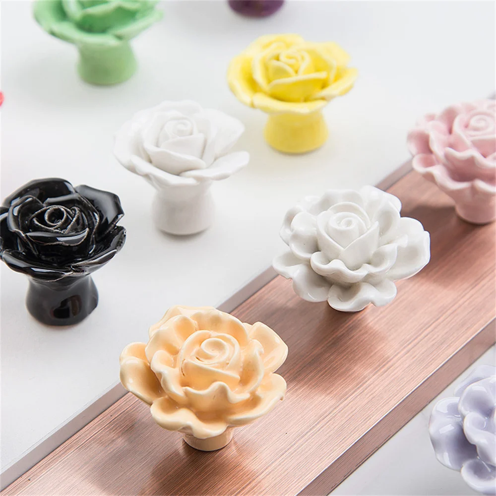 

Delicate Flowers Ceramic Handles Drawer Knobs Cupboard Door Handles Single Hole Cabinet Handles With Screws Furniture Handles