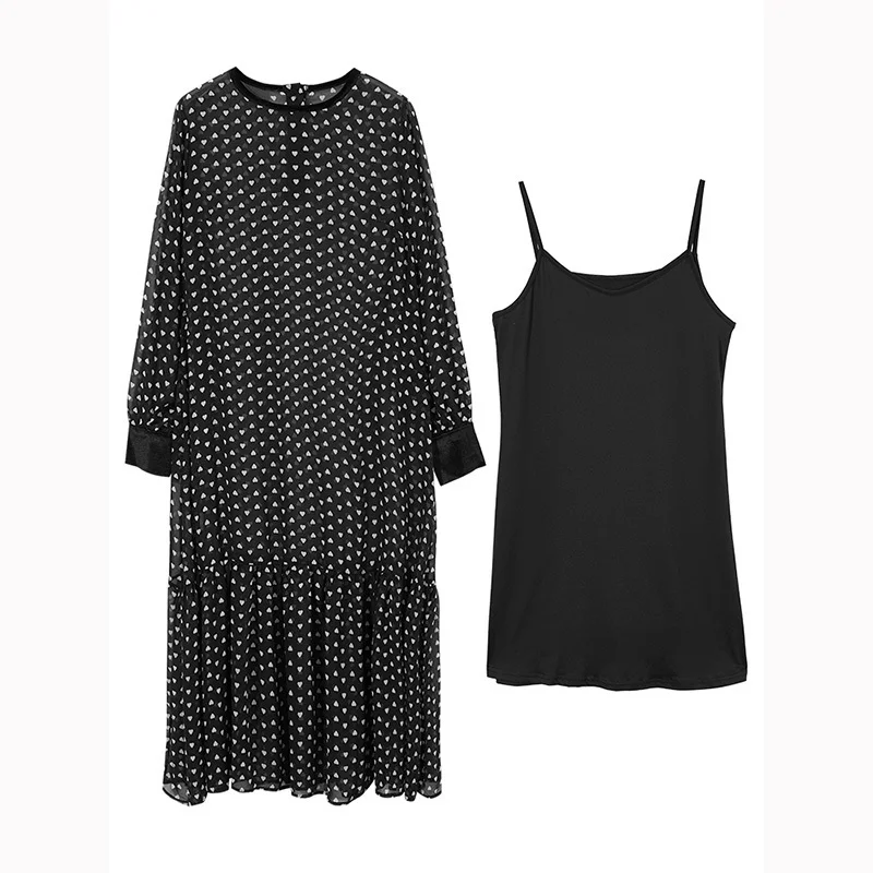 LANMREM Черное женское шифоновое платье с круглым вырезом и длинным рукавом принтом