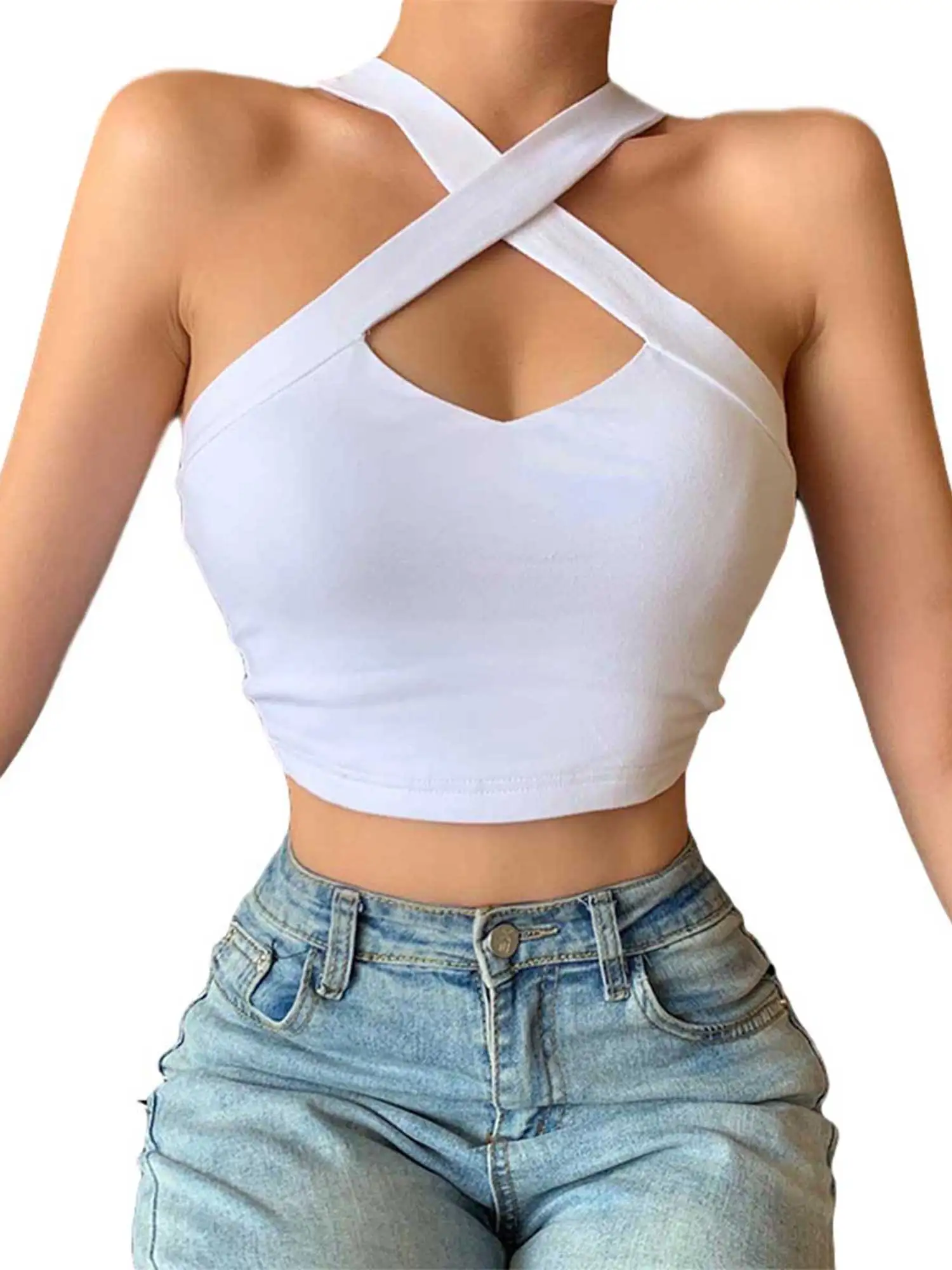 

Halter Off Shoulder Hollow Out Clubwear Tank Vest Crop Tops 2020 Sexy Summer Solid Color Bodycon Party Tank Streewear Bustier