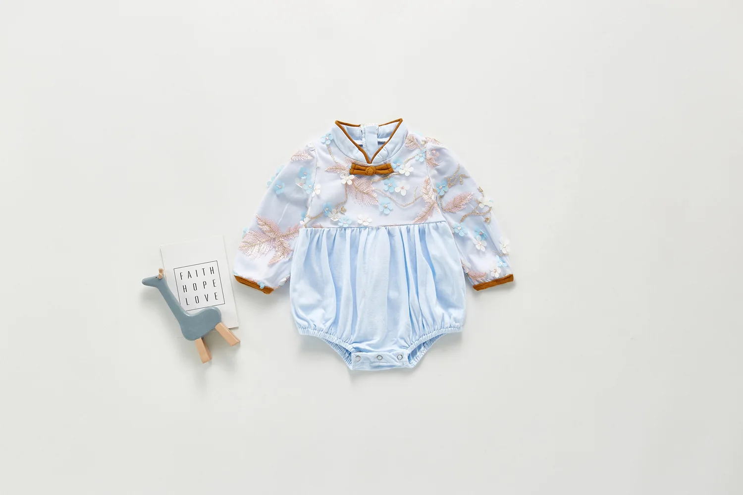 

Newborn Chinese Style Romper, Infant Long Sleeve Round Neck Flower Jumpsuit Fashion Embroidery Playsuit