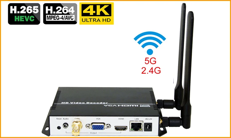 Беспроводной H.265 H.264 HDMI VGA CVBS декодер wifi HD видео IP потоковый декодер HTTP RTSP RTMP UDP HLS к HDMI VGA CVBS приемник