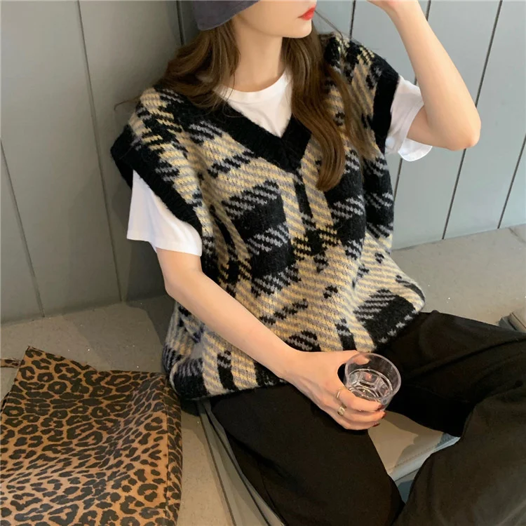 

Свободный вязаный клетчатый жилет с V-образным вырезом, стильный Повседневный Универсальный многослойный свитер, жилет, женская мода, Rac