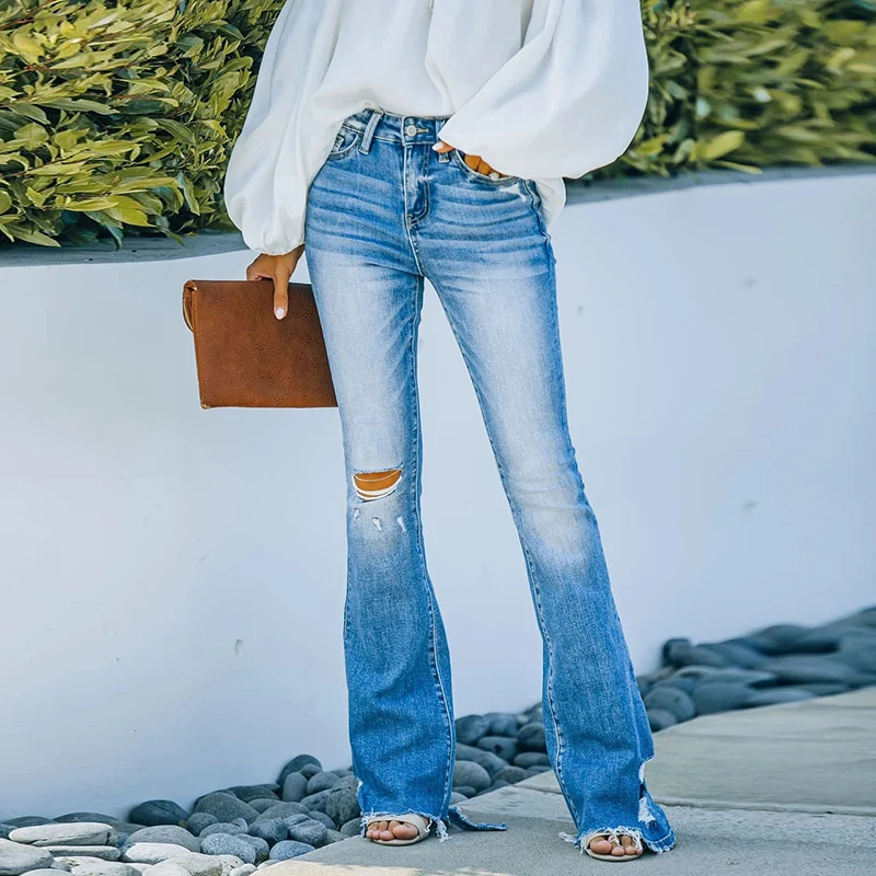 

Модные женские расклешенные джинсы OL с высокой талией, на пуговицах, выцветающие синие длинные рваные джинсы, женские весенние джинсовые брюки, новинка 2022