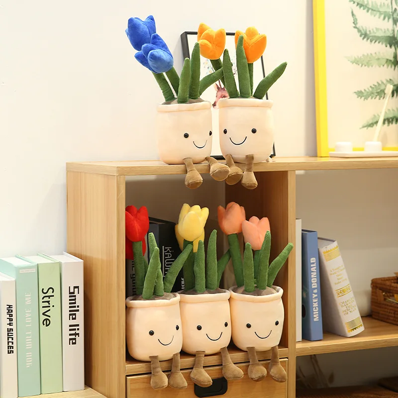 

25~35cm Adorable Stuffed Plants Decoration Smiling Soft Plush Succulent Tulip Flowerpot With Legs Doll Children Gift