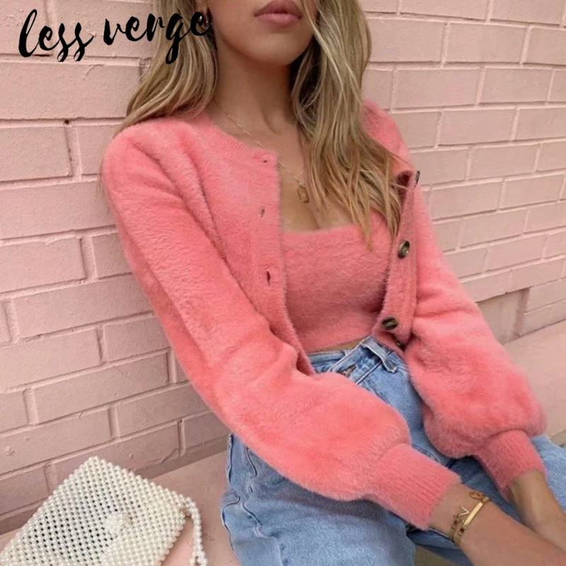 lessverge Warm mink cashmere sweater cardigan Women Solid short coat jacket female Knitted korean jumper autumn winter |