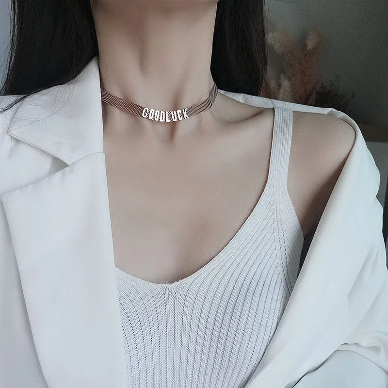 

MEYRROYU Stainless Steel Rose Gold Color Good Luck Necklaces Short Thick Chain Choker Pendants For Women 2021 Fashion Collier