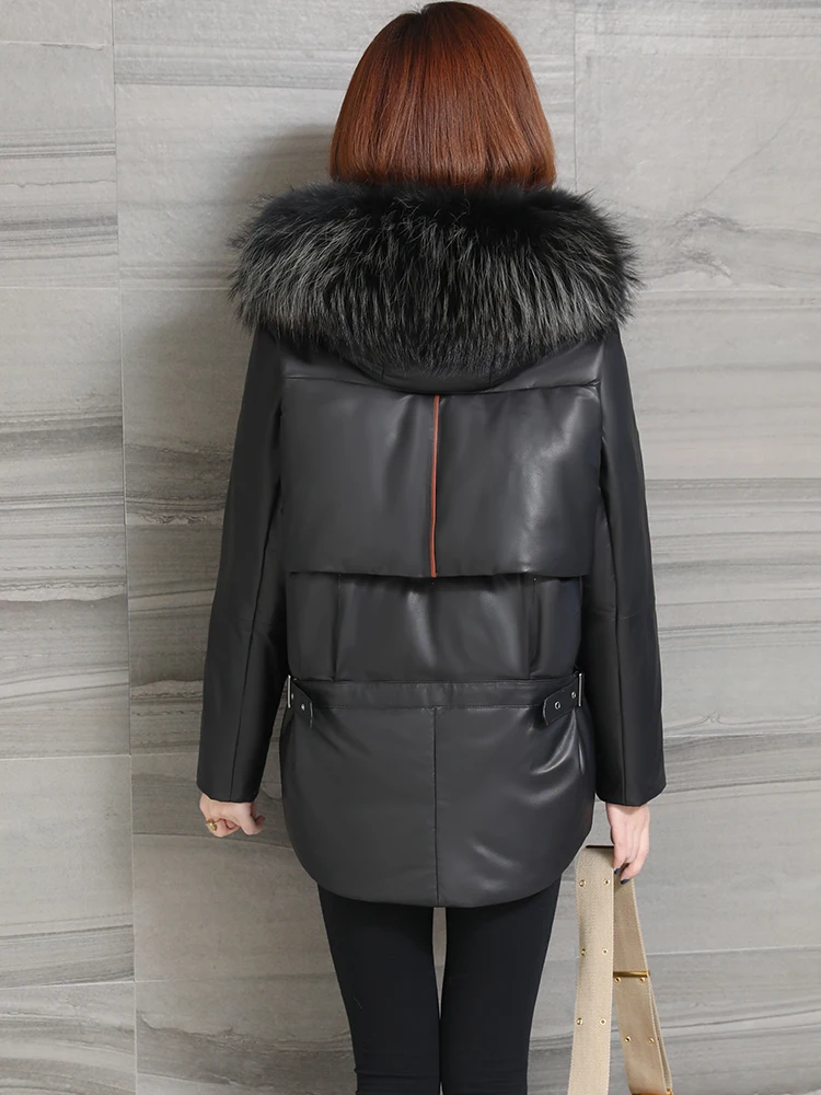 Женская кожаная куртка с меховым воротником из енота пальто капюшоном Женское в