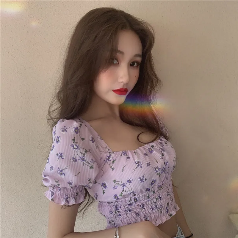 

French Ruffles Puff Sleeve Blouse Women Vintage Square Collar Short Tops Female 2021 summer New Designer Korean Fashion Sexy top