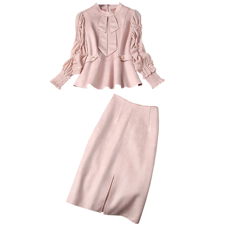 

Seifrmann Women Summer Fashion DesignerSkirts Set Lantern Sleeve Ruffles Tops+High Waist Bodycon Midi Skirts 2 TwoPieces Suits