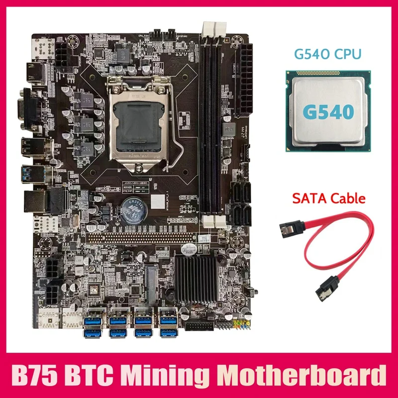 Материнская плата B75 для майнинга BTC + ЦП G540 кабель SATA LGA1155 8xpcie USB адаптер DDR3 MSATA