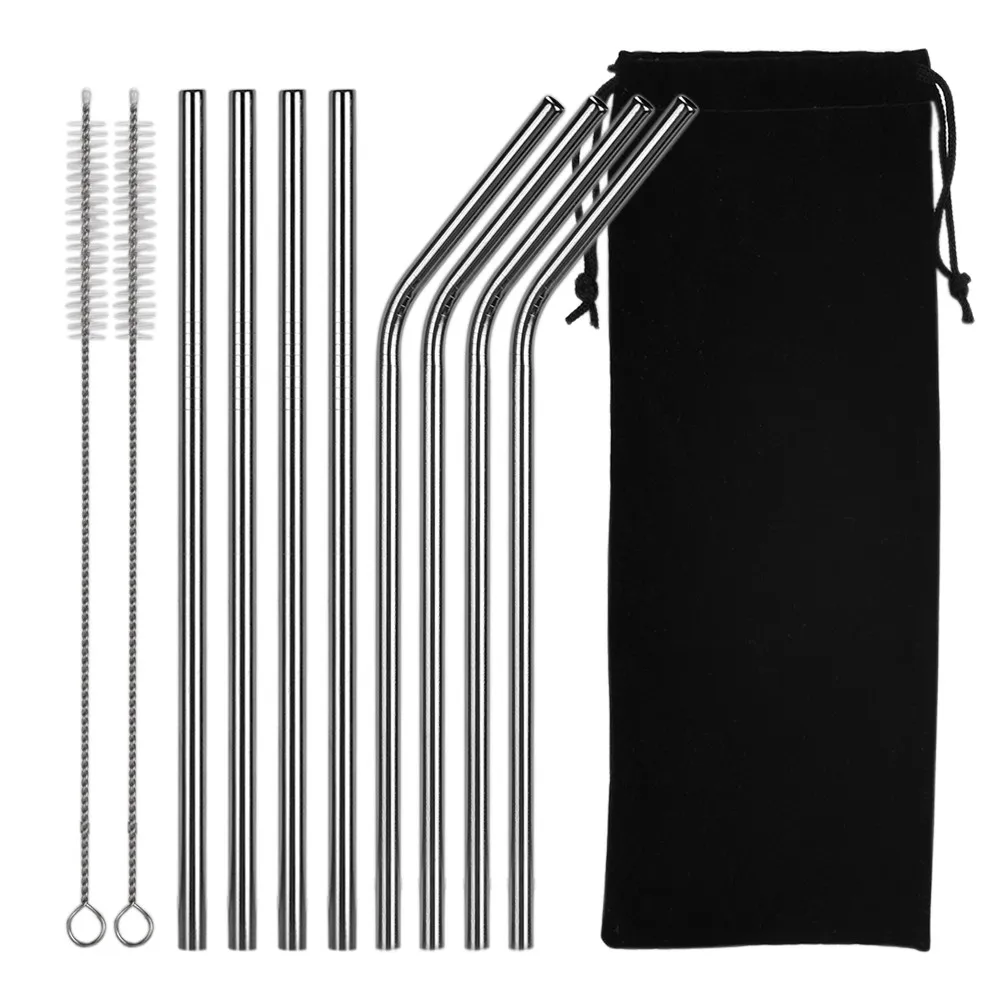 

8pcs Reusable Drinking Straws 304 Stainless Steel Metal Straw with Cleaner Brush For Mugs Sturdy Bent Straight Drinks Straw