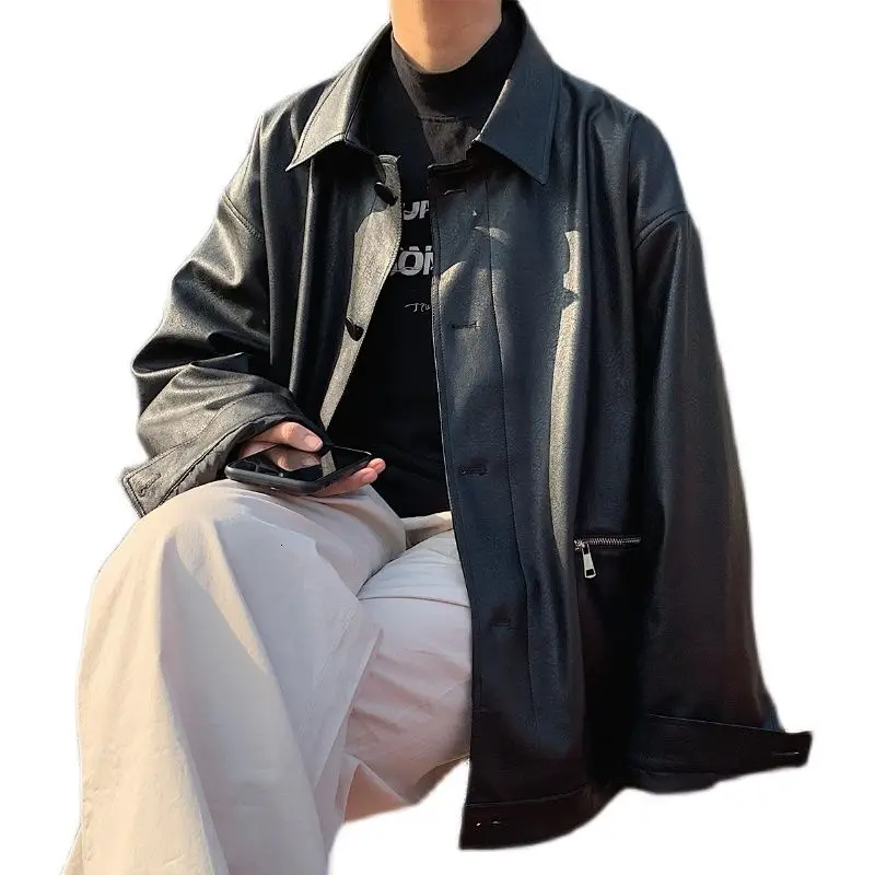 

Black Leather Jacket Men's Fashion Korean Casual Motorcycle Jackets Mens Streetwear Loose Hip-hop Bomber Jacket Men M-2XL