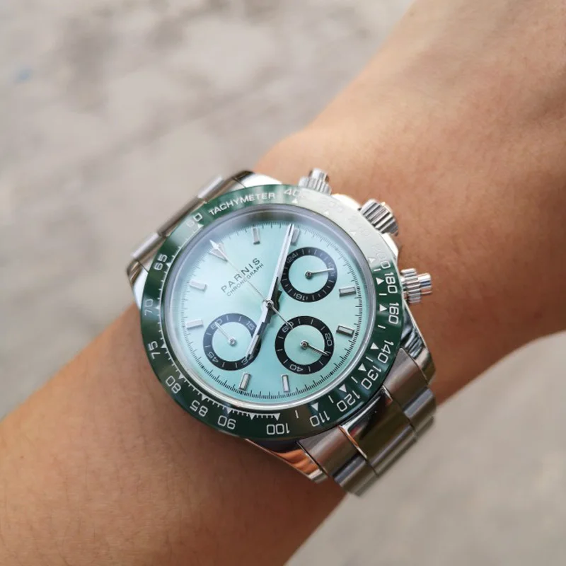 Мужские кварцевые часы Parnis с зеленым циферблатом и кристаллом Sapphire светящиеся 39
