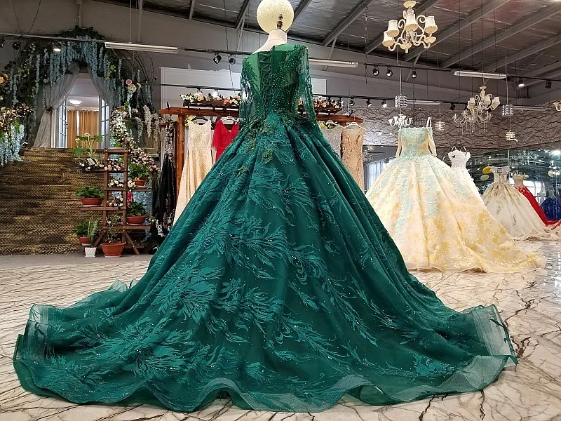 BGW 22026ht Royal Green Long Tulle Sleeve Party Dresses 2020 O-neck Lace Up Back Ball Gown Beauty Evening Dress Women Real Price