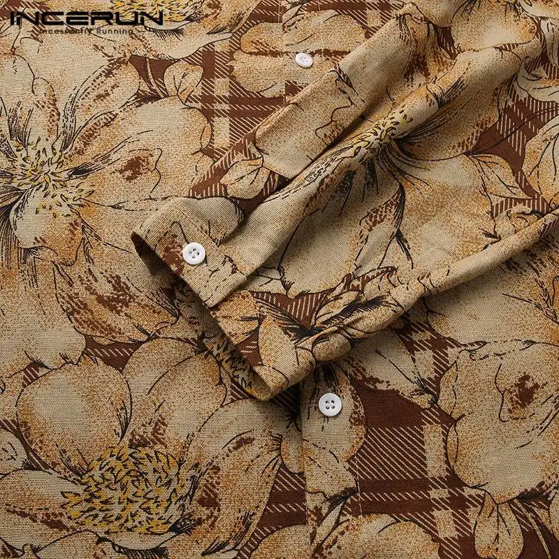 

INCERUN Vintage Men Printed Shirt Stand Collar Button Cotton Casual Tops 3/4 Sleeve Streetwear Mens Leisure Shirts Chemise 2021