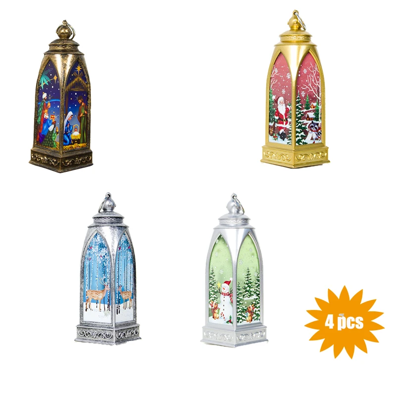 

4 pcs Battery Operated Christmas Lights Decoration Wind Hanging Lantern Snowman Santa Claus Religion Elk Painted for Xmas Decor