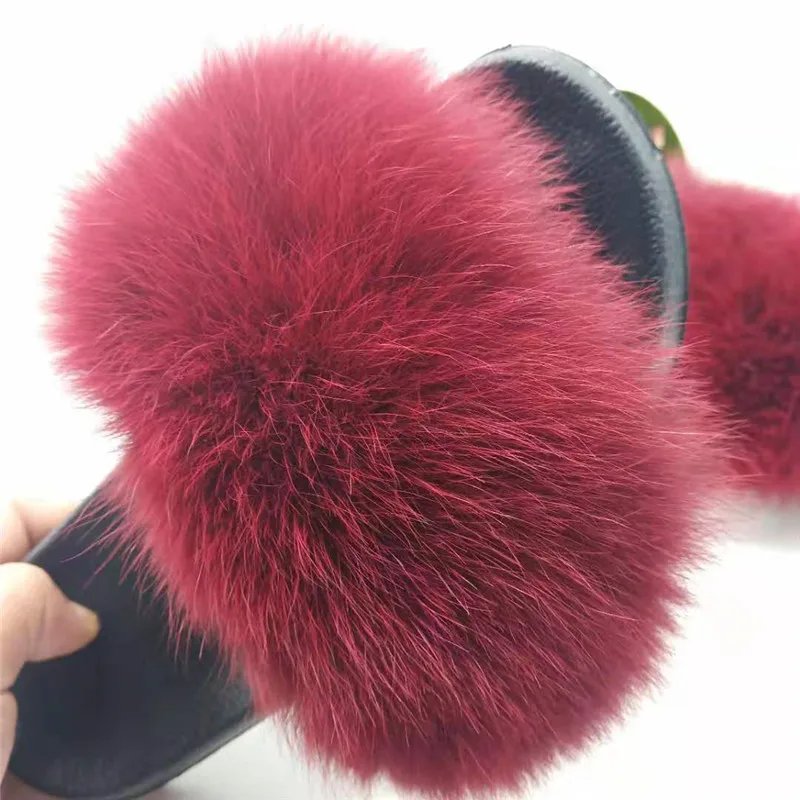 Fur Slippers Women Fox Home Fluffy Sliders Comfort With Feathers Furry Summer Flats Sweet Ladies Shoes Size 45 Home Real fox fur - Цвет: Wine Red