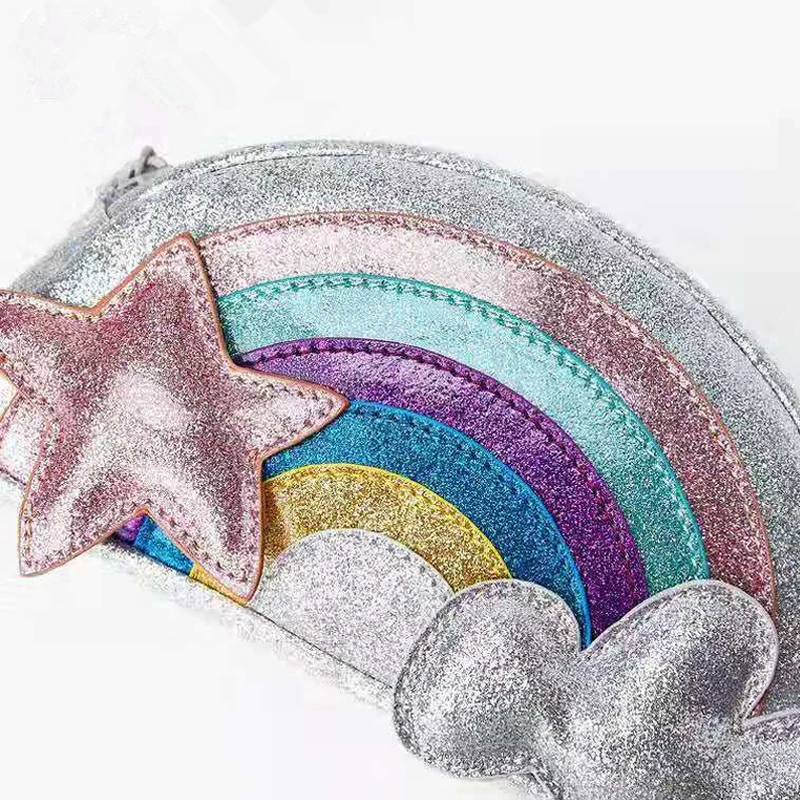 

2020 New Bright Shiny Leather Rainbow Crossbody Bag Nebula Color Silver Small Shoulder Bag Mini Kids Bag
