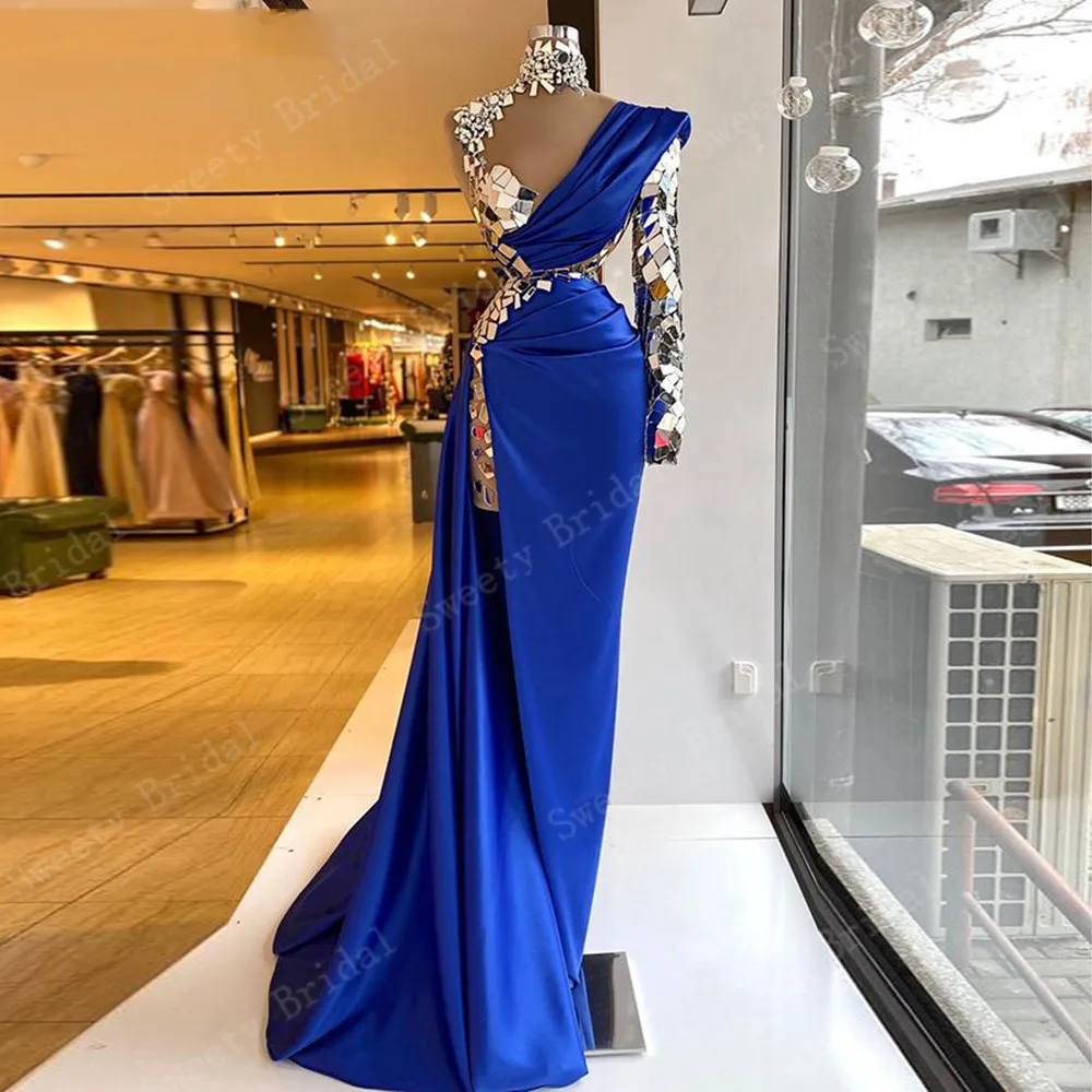 

Royal Blue Sparkling Muslim Evening Dresses 2021 Long Sleeves Dubai Prom Dresses Saudi Arabia Vestidos De Festa Custom Made
