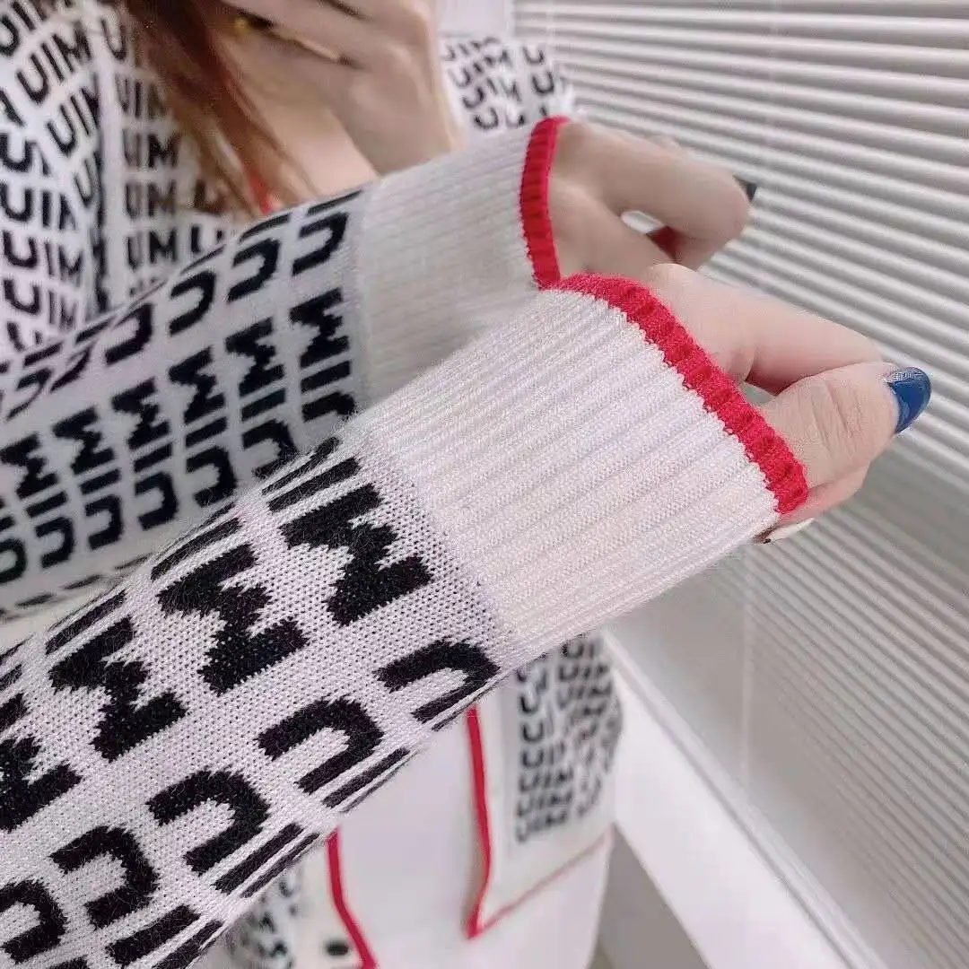 

Wool Knit Cardigan Female 2021 Spring and Autumn New Black White Letter V-Neck Loose All -Matching Long Sleeve Coat