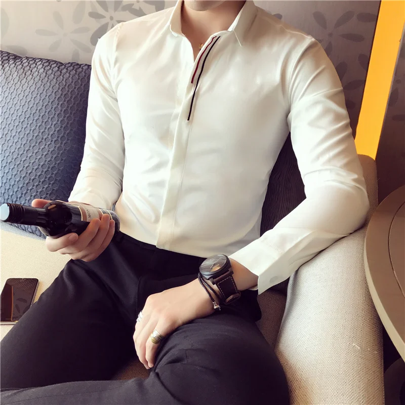 

Gzdeerax Black White Men Shirts Luxury Solid Color Long Sleeve Stripe Embroidery Casual Party Shirts Men Dress Slim Male Shirts