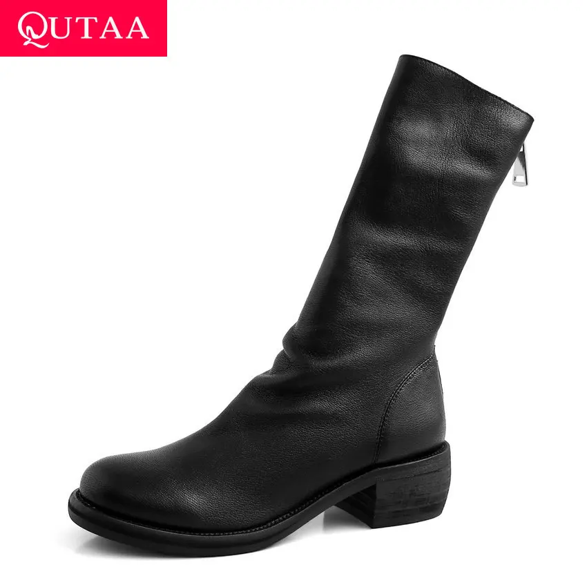Женские ботинки на молнии QUTAA повседневные до середины икры из коровьей кожи с