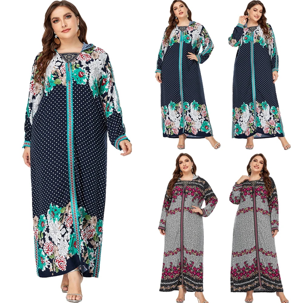 

Женское платье с капюшоном, длинное платье с цветочным принтом, в арабском стиле