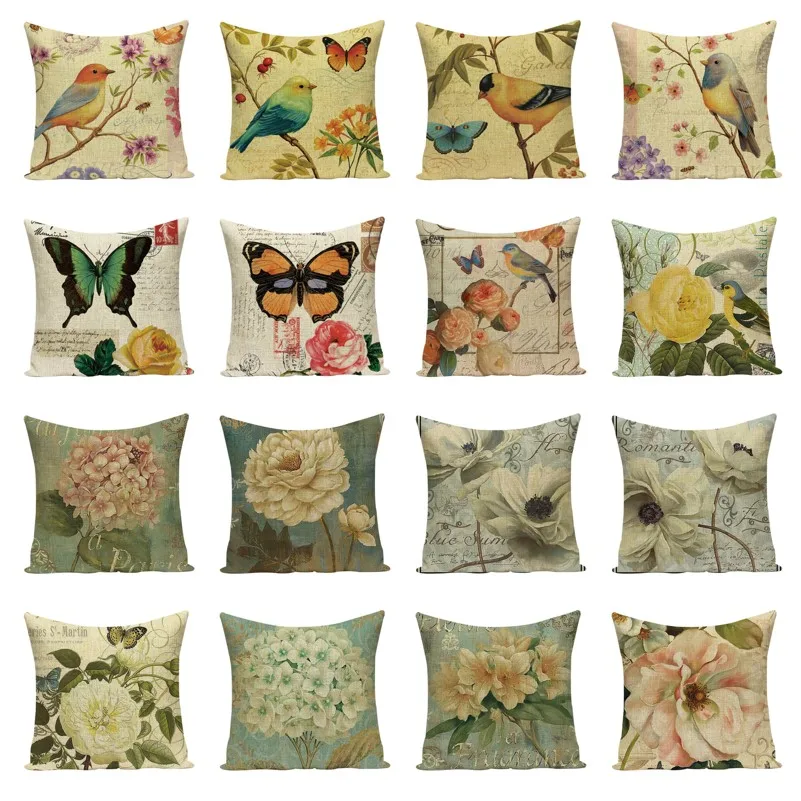 Винтажный чехол для подушки с бабочками птицами цветами хлопковая льняная